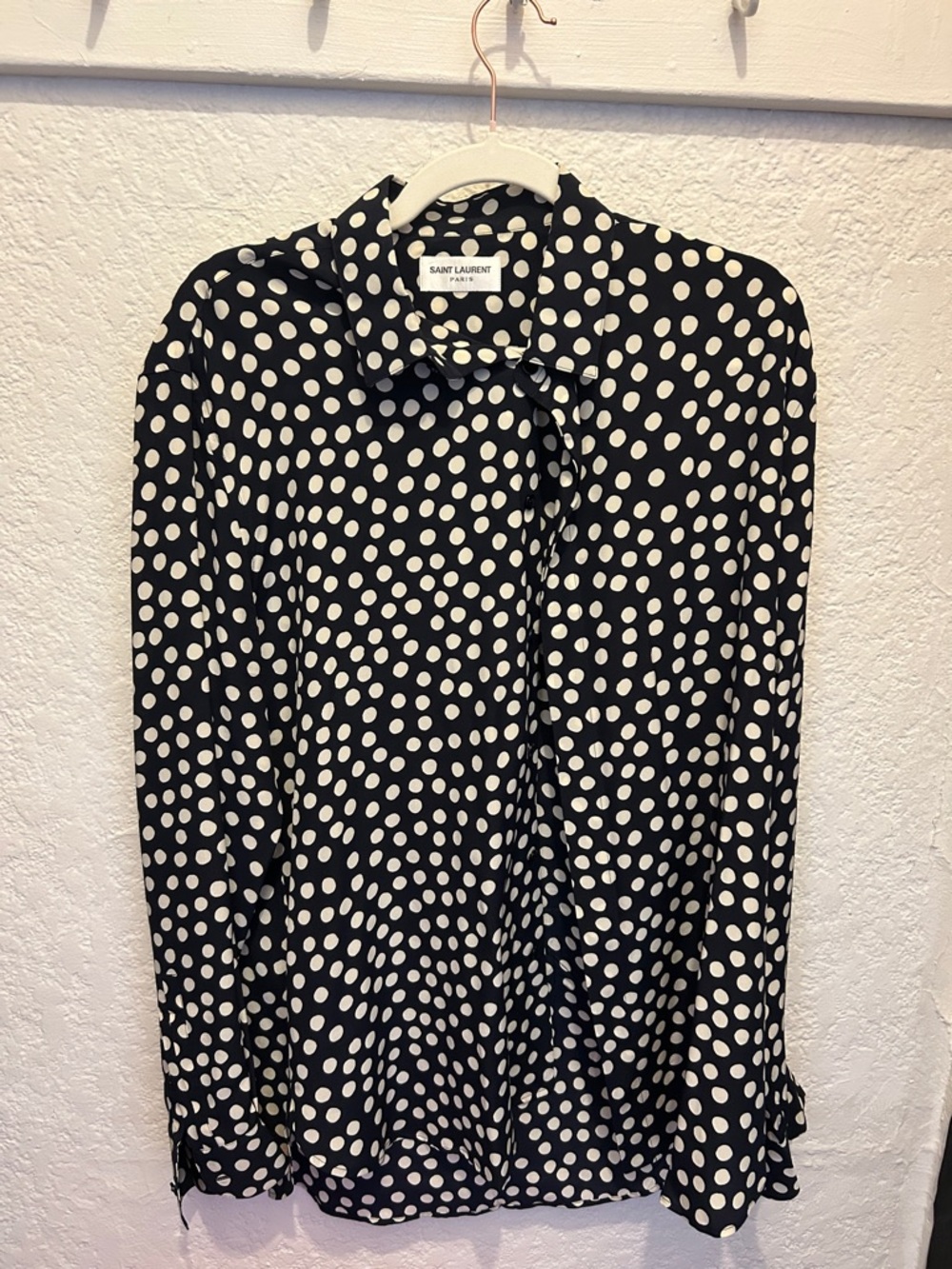 Saint Laurent Black and White Polka Dot Silk Blouse
